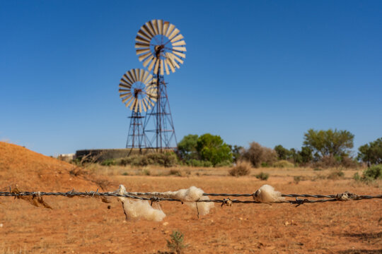 Low angled view of sheep's wool caught on barbed wire in front of a two windmills