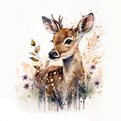 little deer baby watercolor bembi cartoon, generative ai - obrazy, fototapety, plakaty