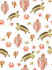 Seamless pattern of marine animals. Children's print, seamless pattern. Background with turtles and octopuses. Graphics pattern.