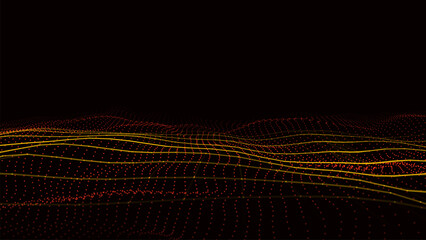 Abstract technology wave of particles. Big data visualization. Vector dark background with motion dots and lines. Artificial intelligence.