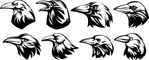 Head of raven. Crow abstract character illustration. Graphic logo designs template for emblem. Image of portrait for company use or tattoo set.