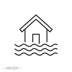 flood buildings icon, house in water waves, flooding rising levels, line symbol on white background - editable stroke vector illustration eps10