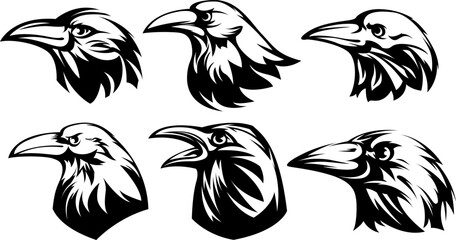 Head of raven. Crow abstract character illustration. Graphic logo designs template for emblem. Image of portrait for company use or tattoo set.