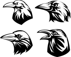 Head of raven. Crow abstract character illustration. Graphic logo designs template for emblem. Image of portrait for company use or tattoo set.