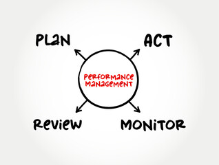 Performance management - process of ensuring that a set of activities and outputs meets an organization's goals in an effective and efficient manner, mind map concept for presentation and reports