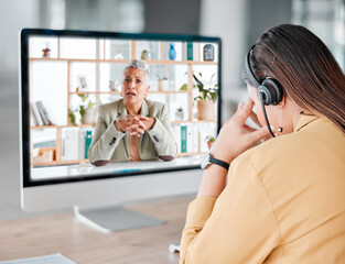 Headache, computer video call and woman in call center feeling pain, tired or sick. Telemarketing,...