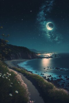 view of the ocean at night with the moon in the sky. generative ai. © Kaviyo