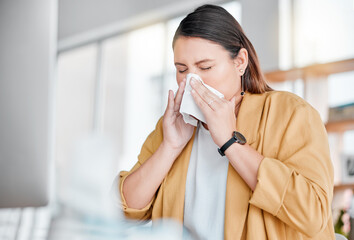 Woman, office and tissue for nose by computer in public relations management with allergy, dust and...