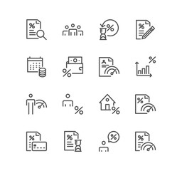 Set of credit rating related icons, mortgage, guarantors, bank building and linear variety vectors.
