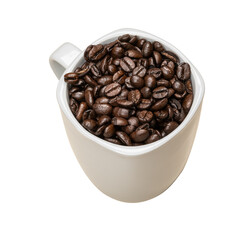 Roasted coffee beans inside a white cup on a transparent PNG background. Little copy space around