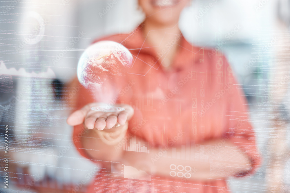 Aufkleber globe, hologram and woman hands for global networking, digital world overlay and futuristic company 