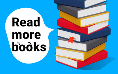 3d illustration of stack of book with bookmark on blue color background. 3d design with text read more books for banner