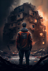 Male rescuer looks at the ruins of a multi-storey building. AI generated