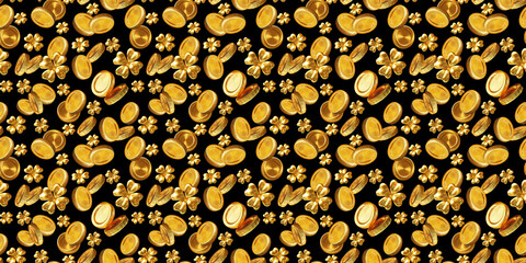 3d luck and wealth seamless pattern with golden clover and coin on black color background. 3d design of Patrick's Day illustration for banner