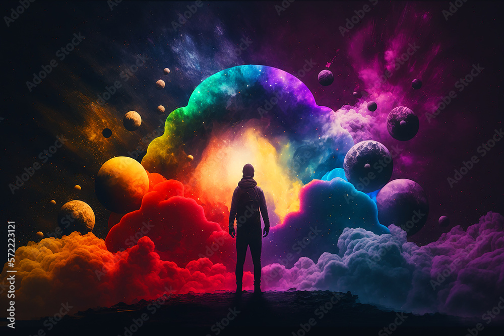 Canvas Prints human chakras of different colours, man in the middle of space and colourful planets. generative ai