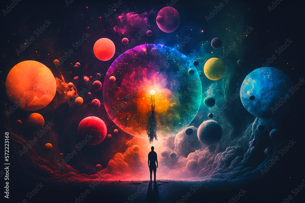 Canvas Prints human chakras of different colours, man in the middle of space and colourful planets. generative ai