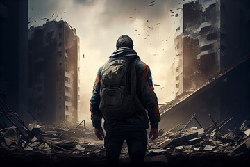 Male rescuer looks at the ruins of a multi-storey building. AI generated