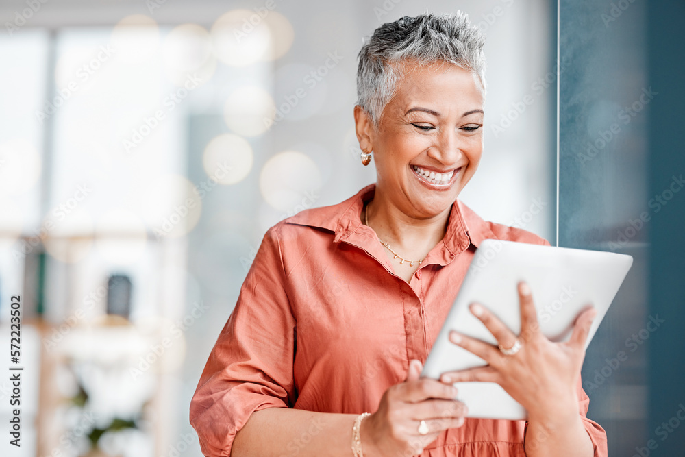 Poster tablet ux work, senior woman laugh and working business employee reading funny app data. mature work