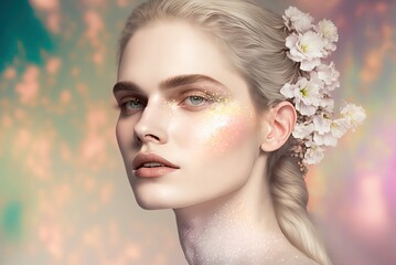 Artistic portrait of a beautiful blonde woman model posing in flowers as a floral painting of spring theme with pink colouring and touch of luxury. AI Generative