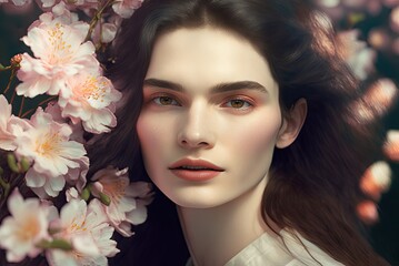 Artistic portrait of a beautiful brown hair woman model posing in flowers as a floral painting of spring theme with pink colouring and touch of luxury. AI Generative