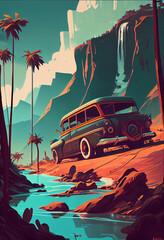 Beautiful abstract car travel on a west background retro style illustrations