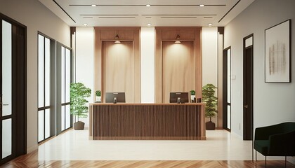 Luxury and contemporary lobby area interior design in white and wood style with reception counter. Generative AI