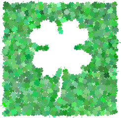 Fototapeta na wymiar four leaf clover shape frame made by many small clover confetti 