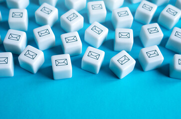 Lots of blocks with envelopes. Mail correspondence. Customer service CRM. Contacts and...
