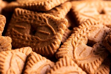 A portrait of multiple brown cookies called speculoos or speculaas in Belgium or the Netherlangs. The spiced biscuit is very delicious and popular during the winter period to be eaten at any time.