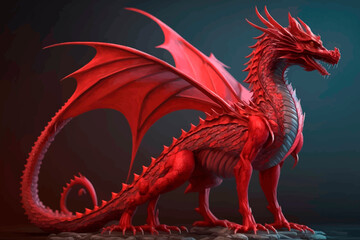 A red dragon isolated on a dark background. Fantasy character. Full body. 3d render. Illustration