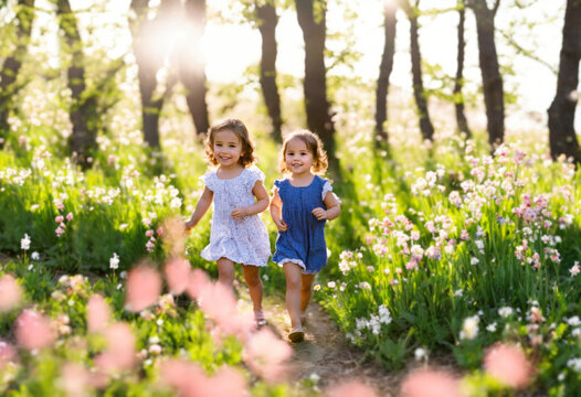 Two little girls are running around laughing in a garden full of spring flowers. Generative AI