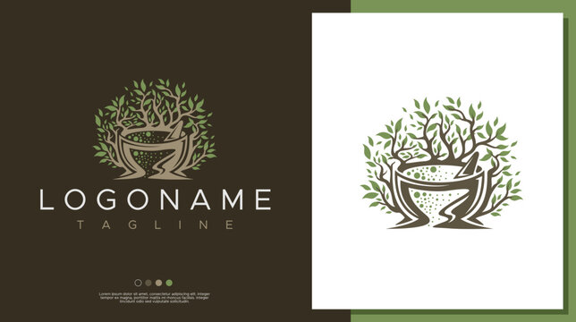 Vintage nature plant mortar and pestle pharmacy logo design