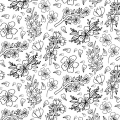 Seamless pattern with black sakura flowers on a white