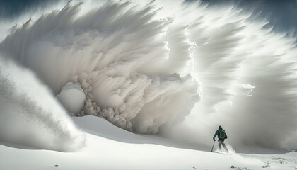 skier caught by snow avalanche in the mountain. generative ai
