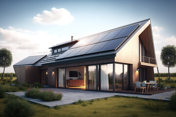 photovoltaic solar panels in modern house roof. Alternative and Renewable energy concept. generative ai - obrazy, fototapety, plakaty