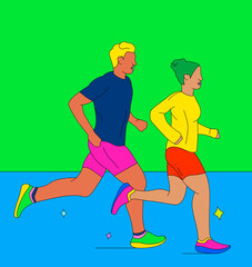 Girl and boy running together on a two-tone background (1)
