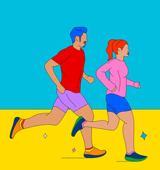 Girl and boy running together on a two-tone background (3)