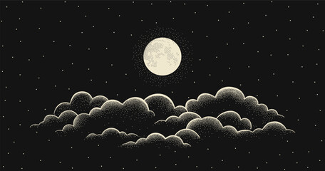Naklejka na ściany i meble Night starry sky with full moon and cloud. Vector background with cloudy sky, moonlight