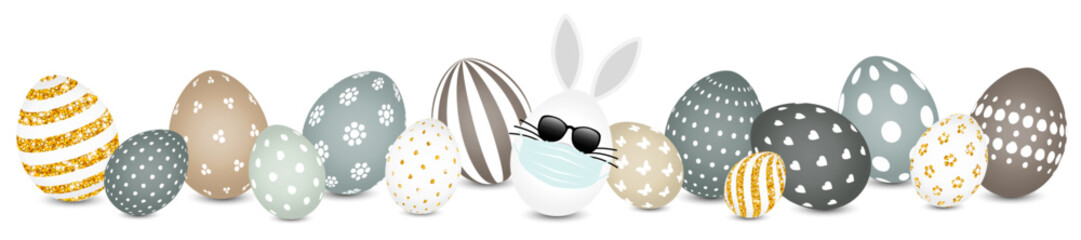 Weißes Hasenei Maske Sonnenbrille & Ostereier Muster Banner Naturfarben/Gold
