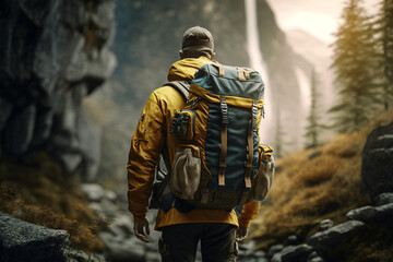 Hiker hiking with backpack outdoors. Generative ai. 