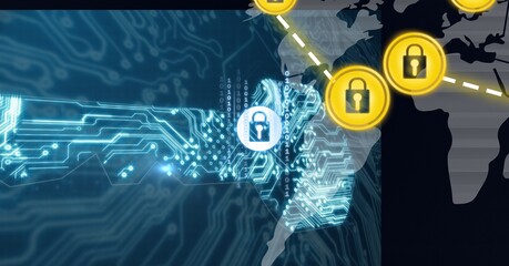 Composition of online security padlocks over computer circuit board and world map