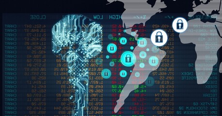 Composition of online security padlocks over computer circuit board and world map