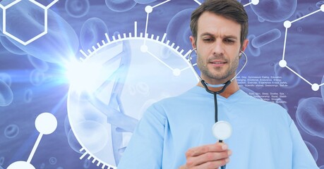 Composition of male doctor holding stethoscope with dna strand and medical data processing