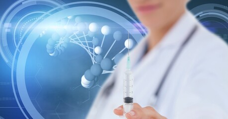 Composition of female doctor holding syringe with dna strand and medical data processing