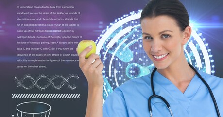 Composition of smiling female doctor holding apple over dna strand and medical data processing