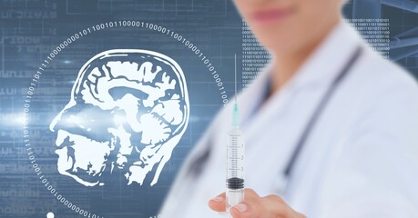 Composition of female doctor holding syringe with human head and medical data processing
