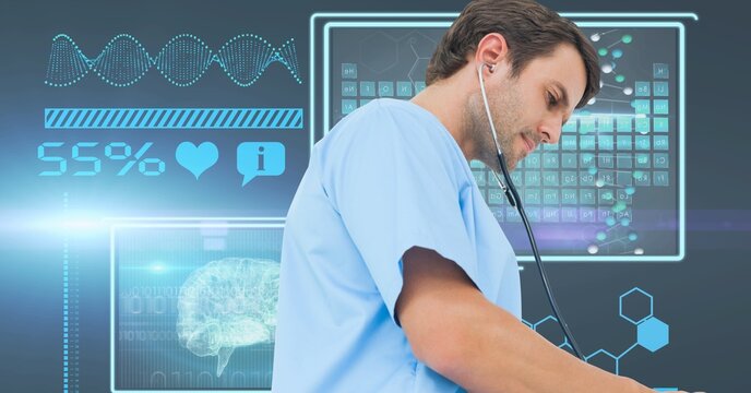 Composition of male doctor using stethoscope over dna strand and medical data processing