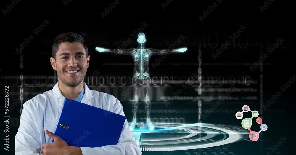 Sticker composition on male doctor over screen with digital human body and medical data processing