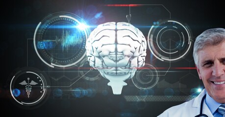 Composition of male doctor over virtual screen with medical icons