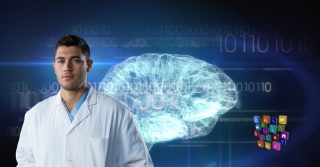 Composition on male doctor over screen with digital human brain and binary coding processing
